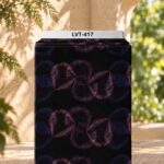 Artistic flowing line pattern in purple and pink tones on a deep black background.