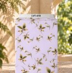 Delicate botanical print with soft ivory flowers and golden-green leaves on a light lavender background.