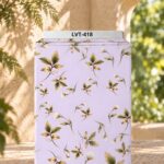 Delicate botanical print with soft ivory flowers and golden-green leaves on a light lavender background.