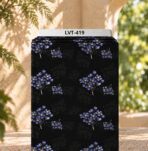 Delicate blue floral clusters with subtle golden centers on a deep black background.