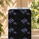 Delicate blue floral clusters with subtle golden centers on a deep black background.