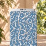 Elegant pearl chains and sparkling diamond motifs on a soft blue background.