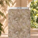 Delicate white floral line art over a soft textured beige background.