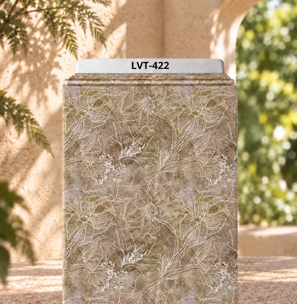LVT-422 Delicate white floral line art over a soft textured beige background. - Image 1
