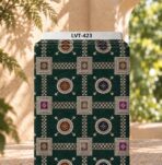 Ornamental geometric motifs in ivory and jewel tones on a deep green background.