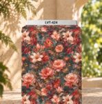 Rich coral and blush florals with warm earthy leaves on a deep teal background.