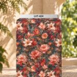 Rich coral and blush florals with warm earthy leaves on a deep teal background.