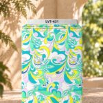 Vibrant swirling abstract pattern in turquoise, mint, yellow and soft lilac.