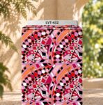 Bold abstract pattern with dynamic curved shapes in pink, red, coral, black and white.