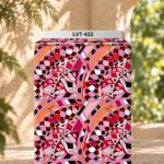 Bold abstract pattern with dynamic curved shapes in pink, red, coral, black and white.