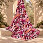 Bold abstract pattern with dynamic curved shapes in pink, red, coral, black and white. - Image 2
