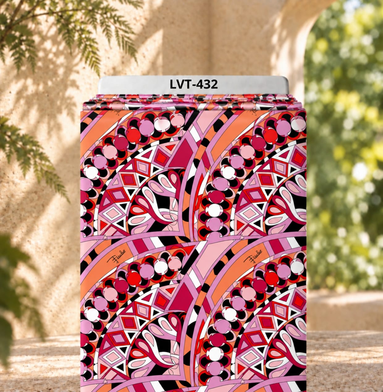 LVT-432 Bold abstract pattern with dynamic curved shapes in pink, red, coral, black and white. - Image 1
