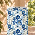 Elegant blue floral print with soft botanical details on a clean ivory background.