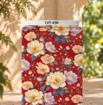 Elegant floral print with cream, peach and soft lilac blooms on a rich red background.