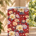 Elegant floral print with cream, peach and soft lilac blooms on a rich red background.