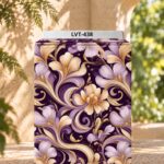 Elegant floral swirl print in lavender, cream and gold on a deep purple background.