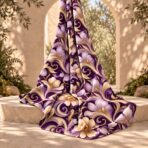 Elegant floral swirl print in lavender, cream and gold on a deep purple background. - Image 2