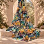 Artistic watercolor floral print in orange, teal, yellow and grey tones. - Image 2