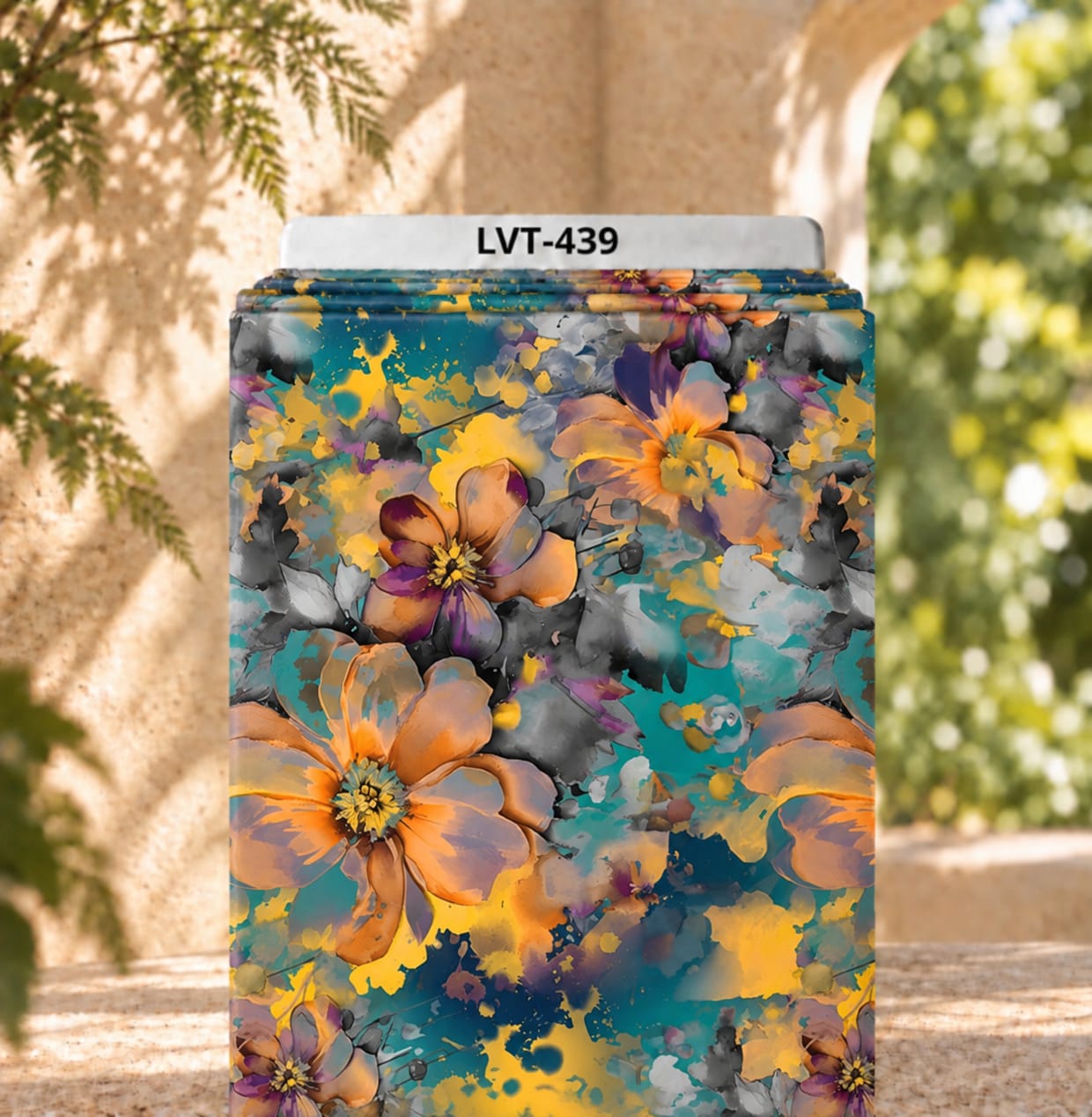 LVT-439 Artistic watercolor floral print in orange, teal, yellow and grey tones. - Image 1