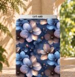 Elegant oversized floral print in soft blue, blush and taupe on a deep navy background.