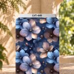 Elegant oversized floral print in soft blue, blush and taupe on a deep navy background.