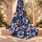 Elegant oversized floral print in soft blue, blush and taupe on a deep navy background. - Image 2
