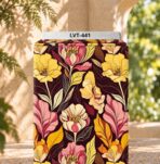 Bold botanical floral print in yellow, pink and orange on a deep burgundy background.