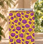 Elegant purple lotus floral print on a vibrant golden-yellow background
