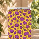 Elegant purple lotus floral print on a vibrant golden-yellow background