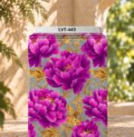 Luxurious fuchsia floral print with golden leaves on an elegant grey background.