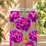 Luxurious fuchsia floral print with golden leaves on an elegant grey background.