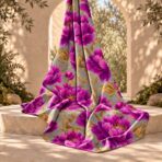 Luxurious fuchsia floral print with golden leaves on an elegant grey background. - Image 2