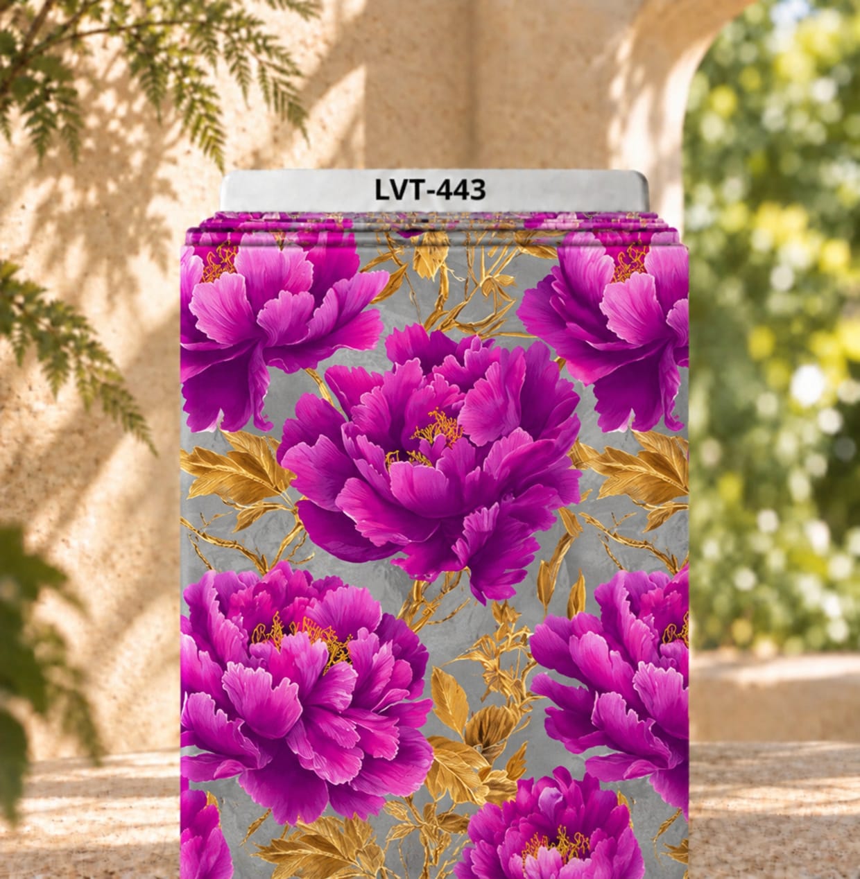LVT-443 Luxurious fuchsia floral print with golden leaves on an elegant grey background. - Image 1