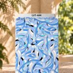Flowing abstract print in layered blue, aqua, white and black tones.