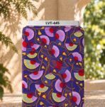 Decorative fan and tassel print with flowing golden cords in vibrant purple, red and yellow tones.