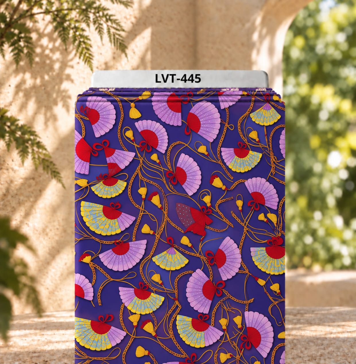LVT-445 Decorative fan and tassel print with flowing golden cords in vibrant purple, red and yellow tones. - Image 1