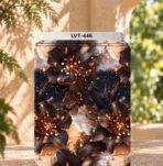 Dramatic floral print with large dark blossoms, warm bronze accents, and an artistic marble-effect background.