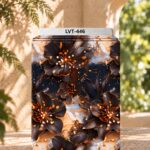 Dramatic floral print with large dark blossoms, warm bronze accents, and an artistic marble-effect background.