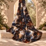 Dramatic floral print with large dark blossoms, warm bronze accents, and an artistic marble-effect background. - Image 2