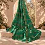 Ornamental heritage-inspired pattern with symmetrical motifs and delicate floral details on a rich green background. - Image 2