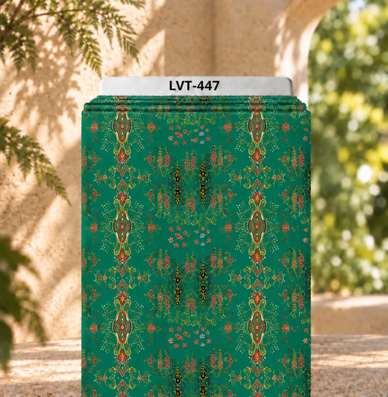 LVT-447 Ornamental heritage-inspired pattern with symmetrical motifs and delicate floral details on a rich green background. - Image 1