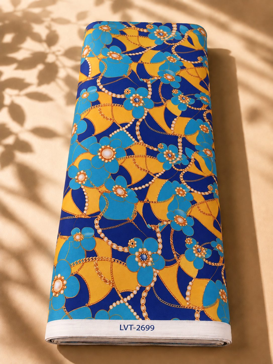 2026/10/1000073715.png Vibrant turquoise florals with golden chains and pearl details on a deep blue base - Swiss Cotton (PC01) - Image 1