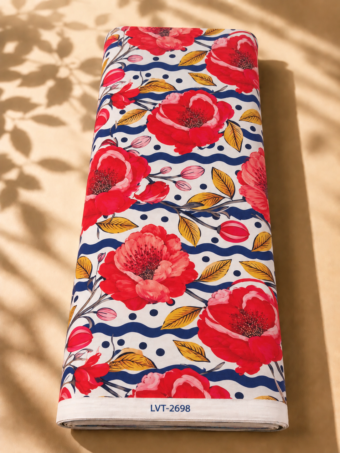 2026/10/1000074043.png Bold red blooms with golden leaves, navy waves, and playful dots - Swiss Cotton (PC01) - Image 1