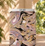 Luxurious multicolor paisley print on a bold black background with intricate ornamental details.