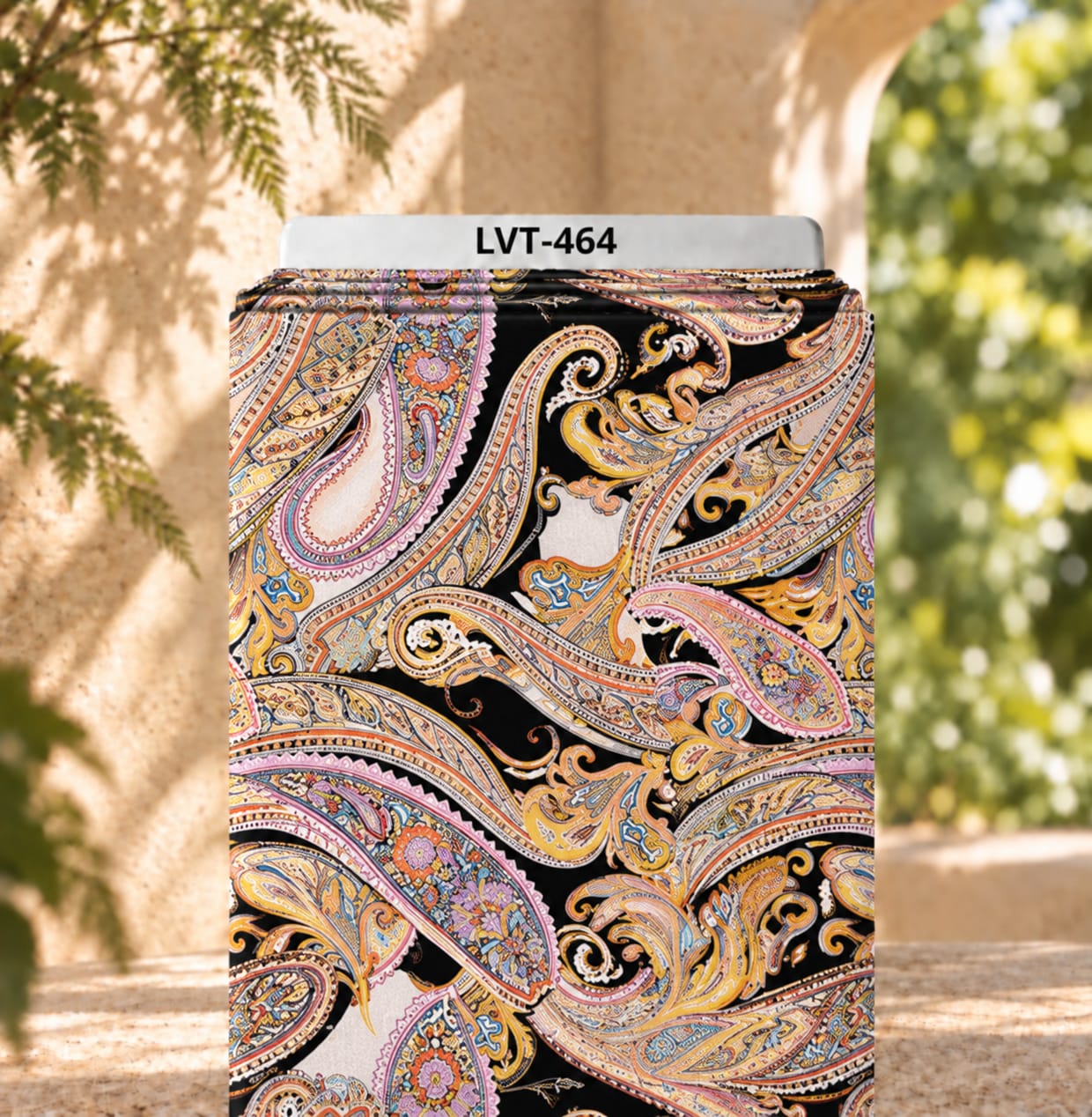 LVT-464 Luxurious multicolor paisley print on a bold black background with intricate ornamental details. - الصورة 1