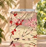 Elegant red and ivory blossoms on soft beige and pink tones.