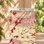 Elegant red and ivory blossoms on soft beige and pink tones.