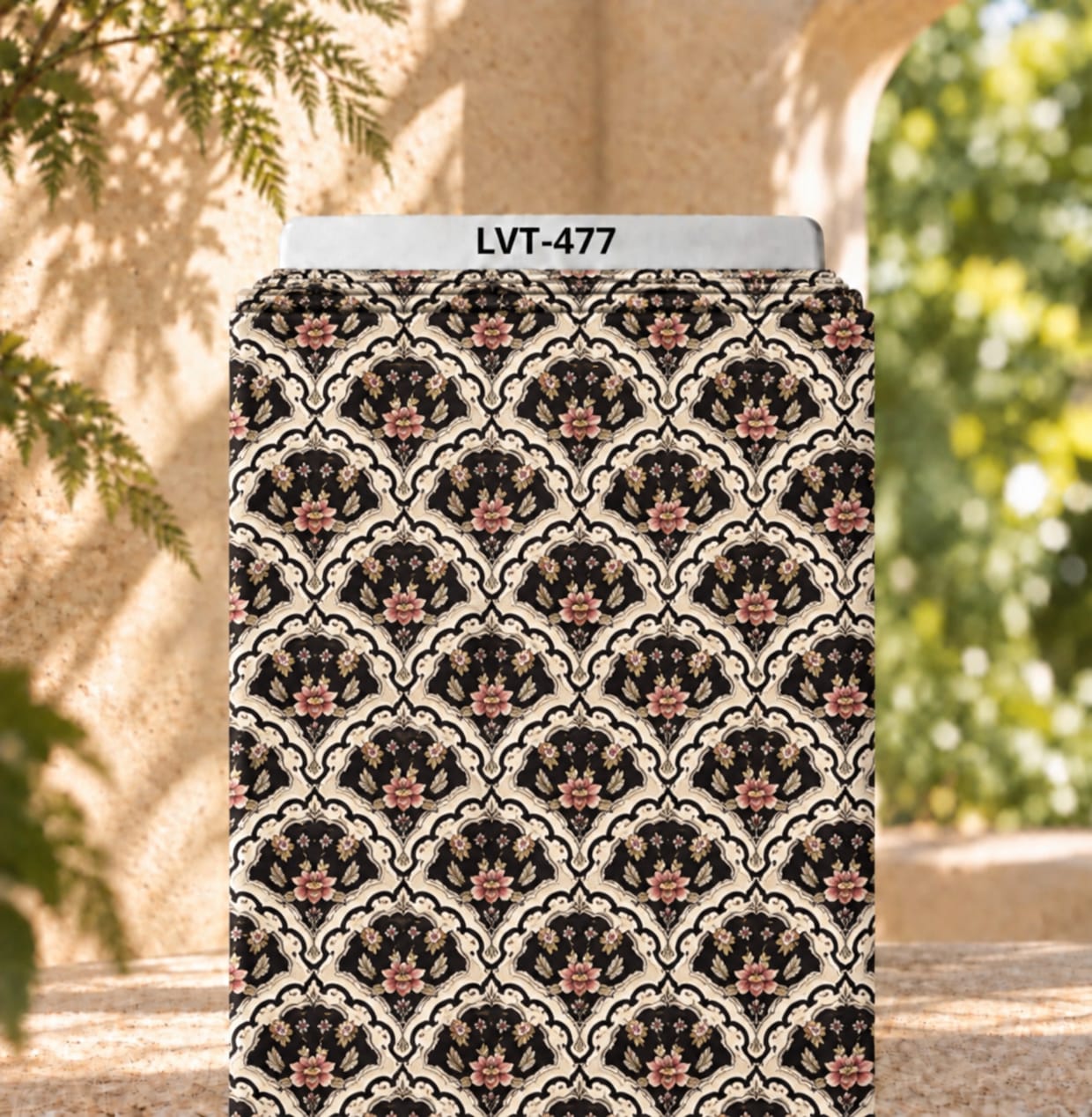 LVT-477 Vintage floral medallions in black, cream and soft pink with elegant ornamental detailing. - الصورة 1
